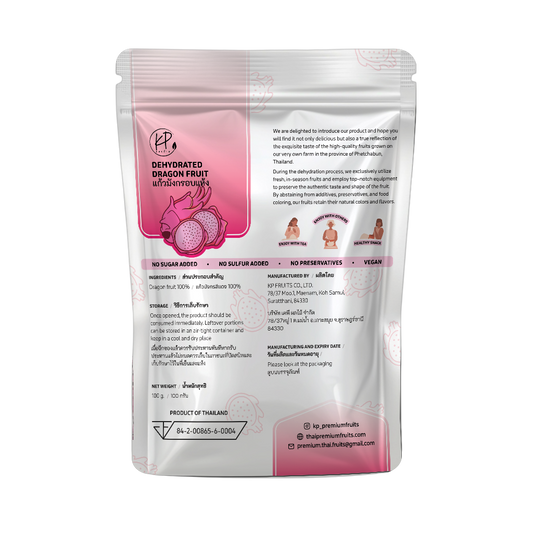 Dehydrated dragon fruit package with pink label on a white background