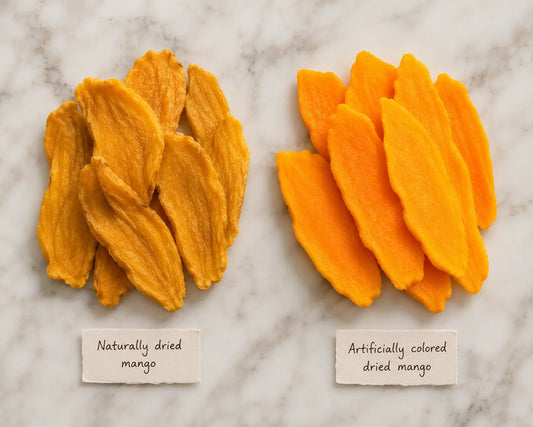 Sulfite-free naturally dried mango from Thailand showing its true golden-amber color — no additives, no artificial color, by KP Fruits