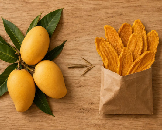 From farm to bag — fresh Thai mangoes beside naturally dried mango slices by KP Fruits, grown and dried in Thailand with no additives