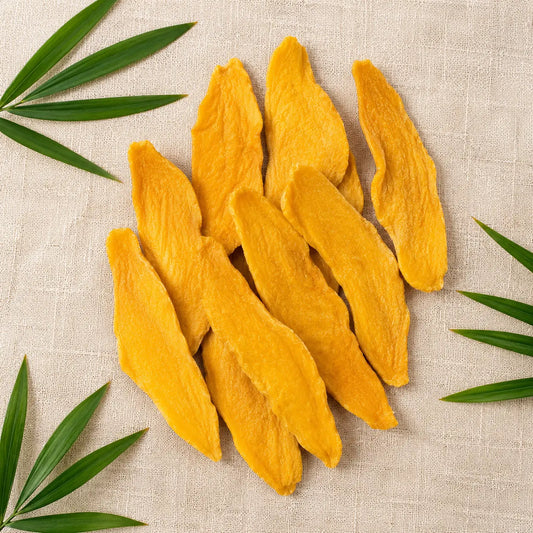 Organic dried mango slices from Thailand — no sugar, no sulfites, naturally dried by KP Fruits