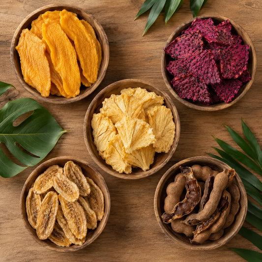 Variety of naturally dried fruits from Thailand — mango, dragon fruit, pineapple, banana and tamarind — no sugar, no sulfites, by KP Fruits