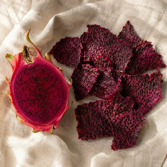 Naturally dried red dragon fruit pieces from Thailand — no sugar, no sulfites, no artificial color — by KP Fruits