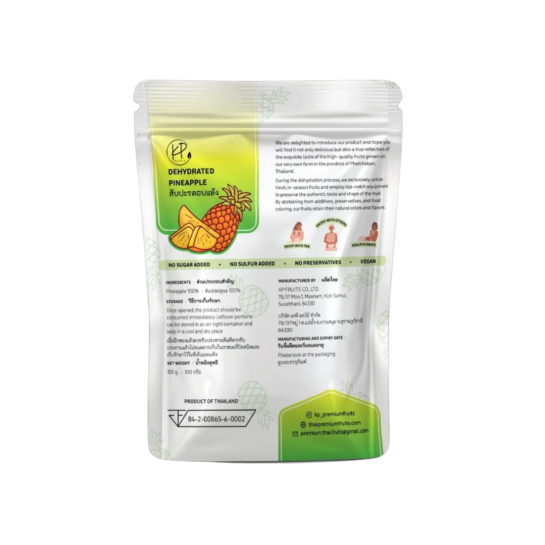 Dehydrated pineapple package with branding and nutritional information on a white background
