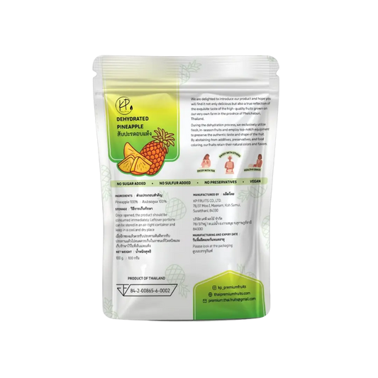 Dehydrated pineapple package with branding and nutritional information on a white background
