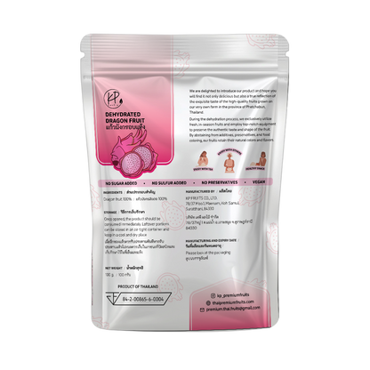 Dehydrated dragon fruit package with pink label on a white background